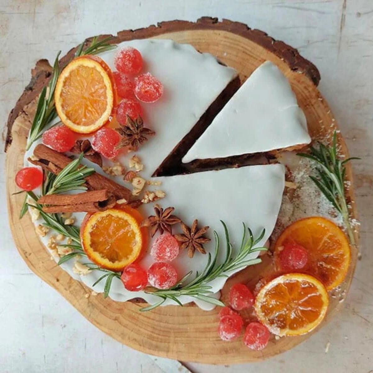 Easy Christmas Fruit Cake (no eggs-no butter) decorated on serving board