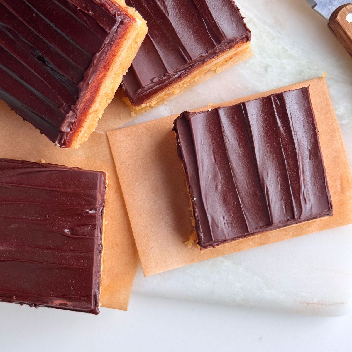 top view no bake millionaire's shortbread on marble board 