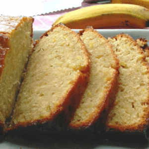 Banana butterscotch loaf sliced on a plate
