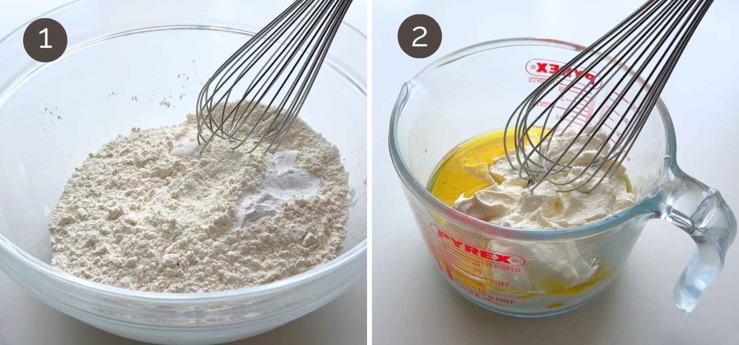 Flour mixture in a bowl and Greek yogurt mixture stirred until smooth and creamy for no-yeast bread.