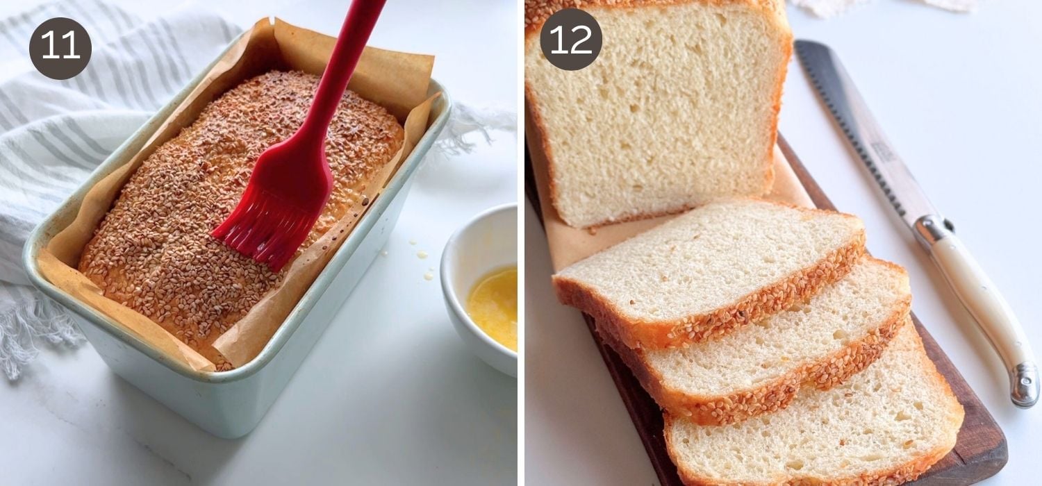 Brushing melted butter on warm no-knead buttermilk bread and sliced loaf after cooling