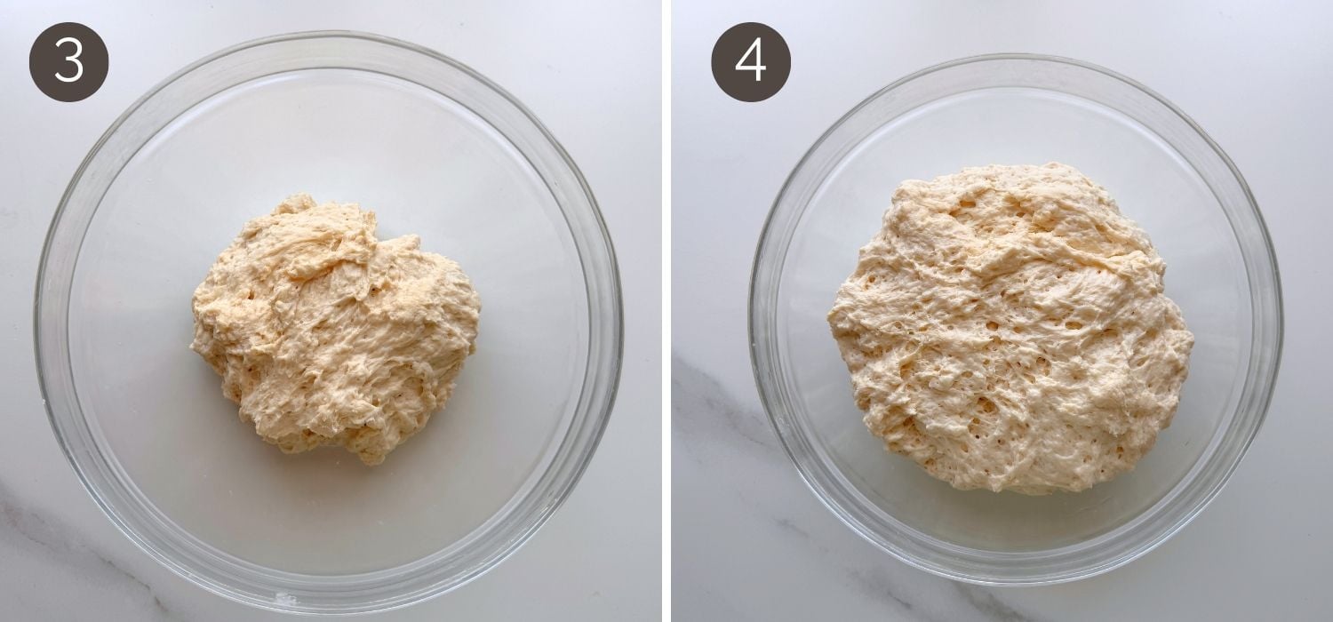 No-knead buttermilk bread dough after mixing and after the first rise in a bowl