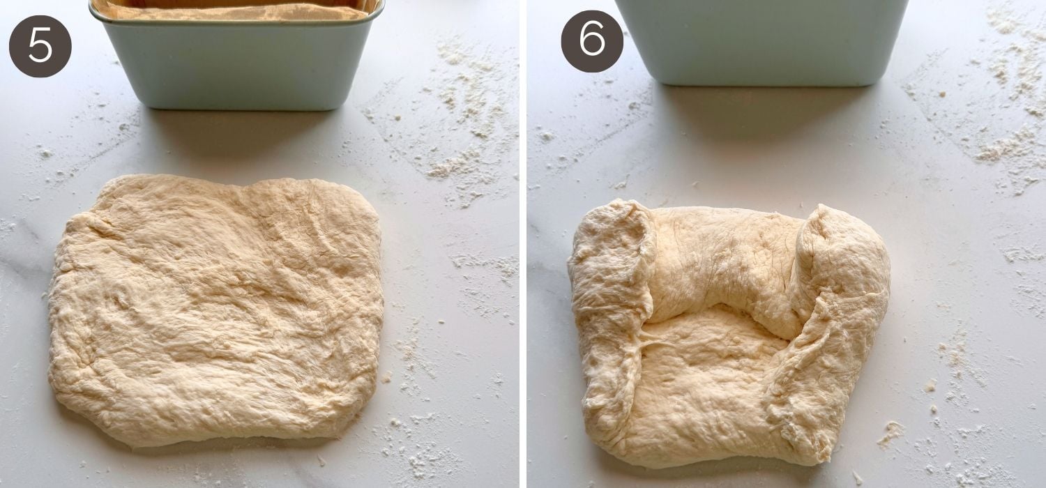 Folding no-knead buttermilk bread dough inward to seal before shaping