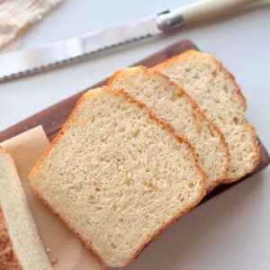 Sliced no-knead buttermilk bread showing a soft interior