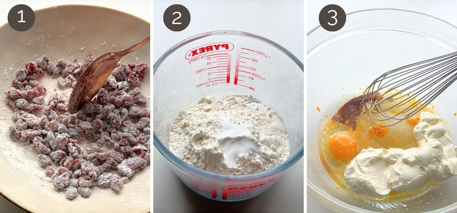 Three-step preparation for orange and dried cranberry quick bread, including cranberries, dry ingredients, and wet ingredients.