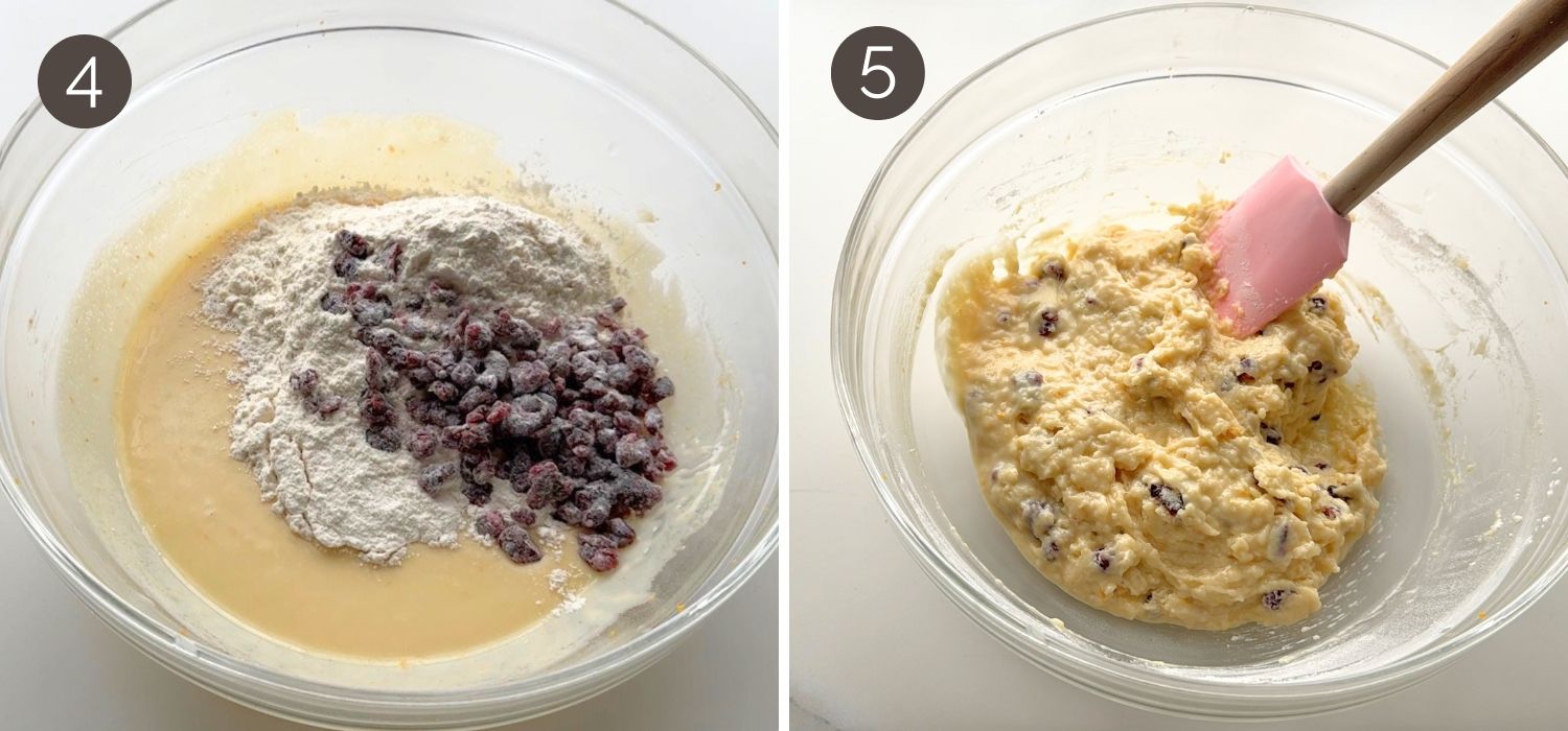 Flour mixture added to egg mixture and gently stirred to combine