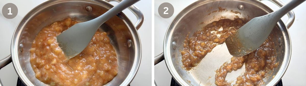 Banana cinnamon filling cooking in a saucepan, showing early stage and thick jam consistency