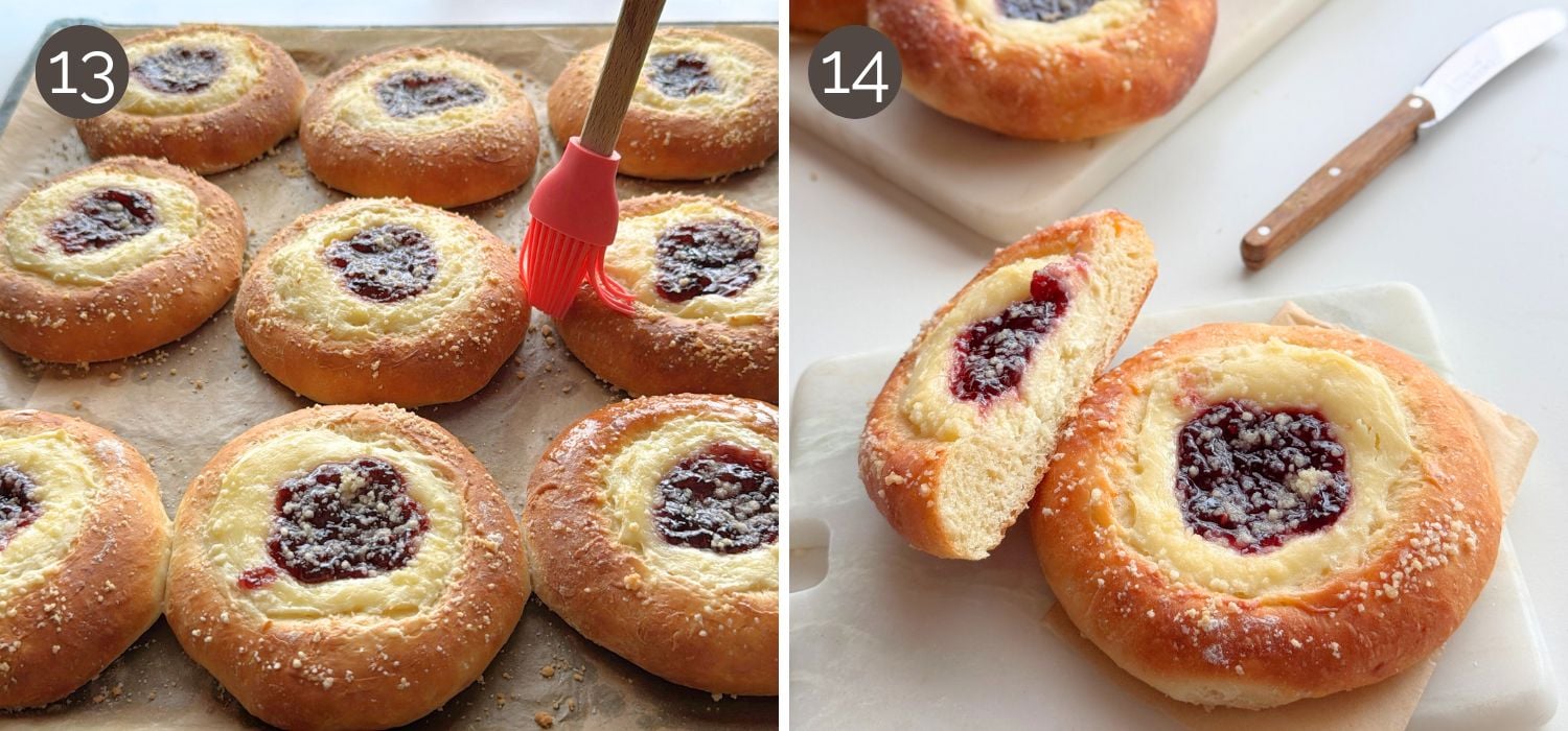 Baked cream cheese Danish buns brushed with butter and served, one sliced open to show soft interior and jam center.