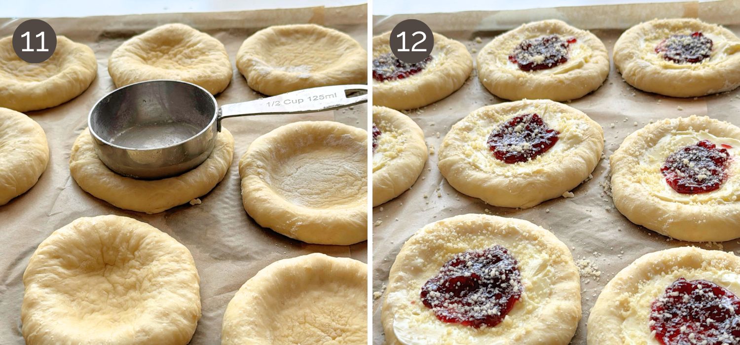 Dough discs being re-pressed with a measuring cup and then filled with cream cheese, jam, and crumble before baking.