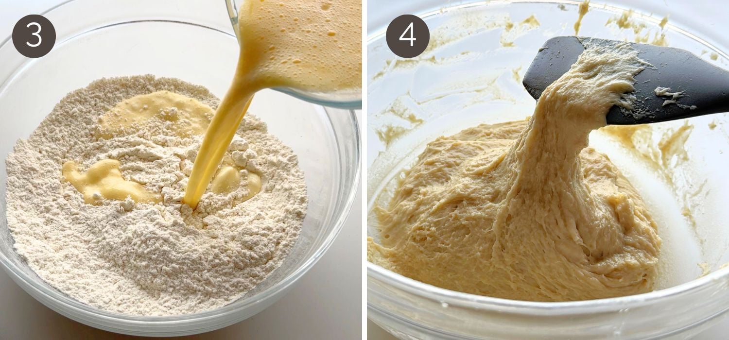 Milk, egg, and melted butter being poured into flour mixture, followed by sticky dough mixed with a spatula for cream cheese danish buns.
