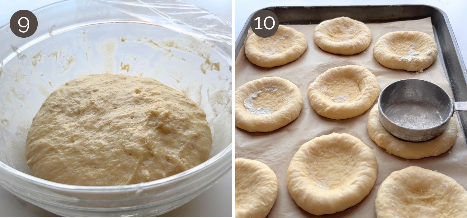 Dough discs being re-pressed with a measuring cup and then filled with cream cheese, jam, and crumble before baking.