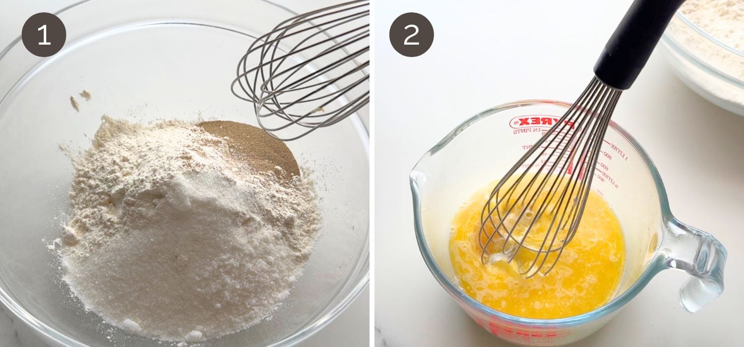 Mixing dry ingredients and whisking milk, egg, and melted butter for cream cheese Danish buns dough.