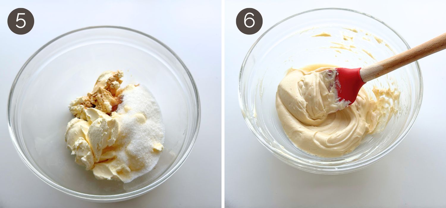 Cream cheese, sugar, and vanilla being mixed until smooth for danish bun filling