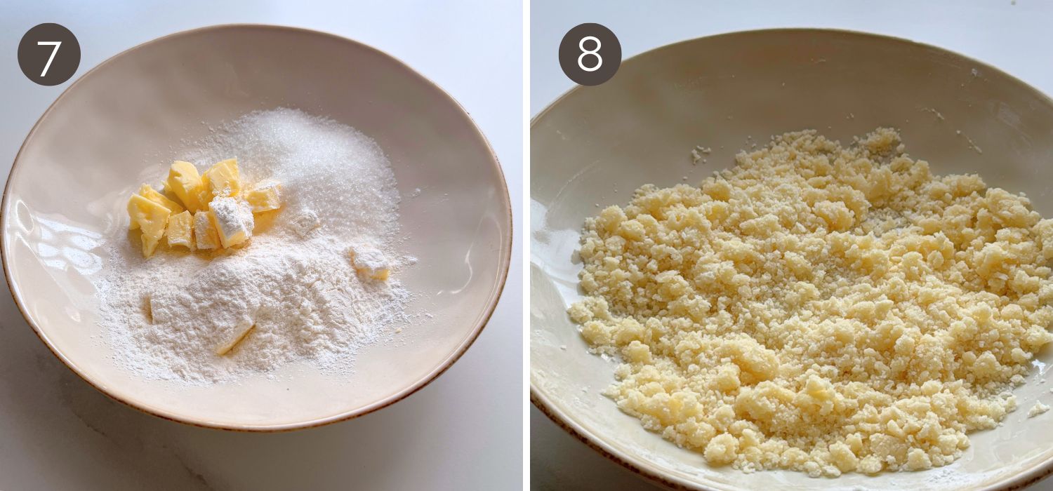 Flour, sugar, and cold butter being rubbed together to make a fine crumble topping