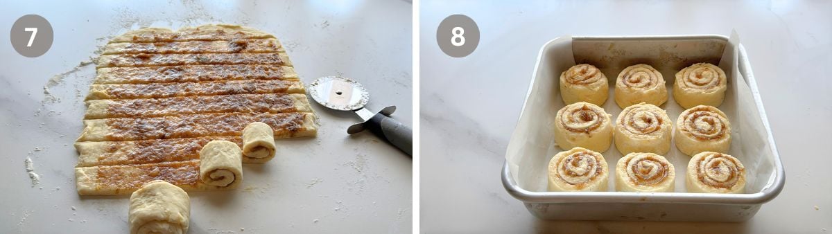 Banana cinnamon roll dough cut into strips and rolled into spirals, placed in a lined 8x8 inch pan.