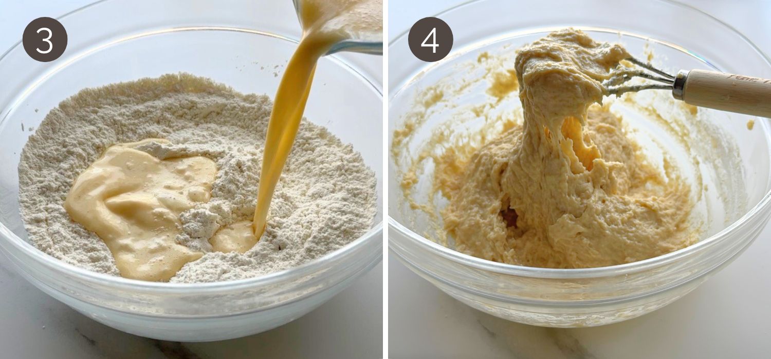 Pouring the wet ingredients into the flour mixture and stirring to form a soft sticky dough for no-knead dinner rolls.