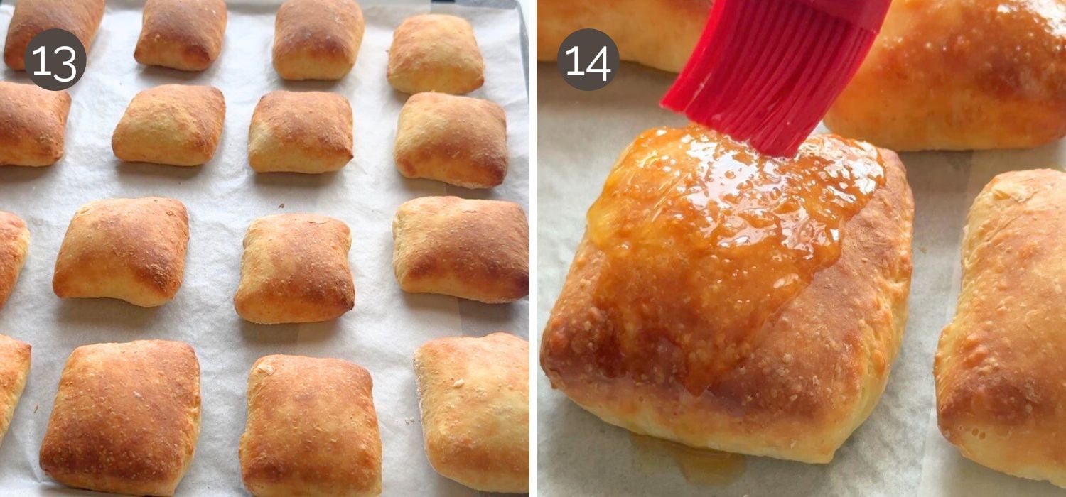 Freshly baked dinner rolls brushed with honey butter for a soft shiny finish.