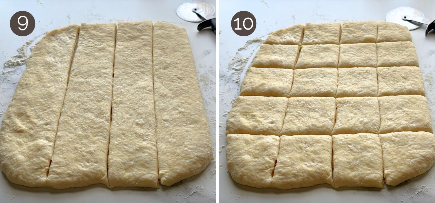 Cutting rolled dough into square pieces with a pizza cutter for steakhouse-style dinner rolls.