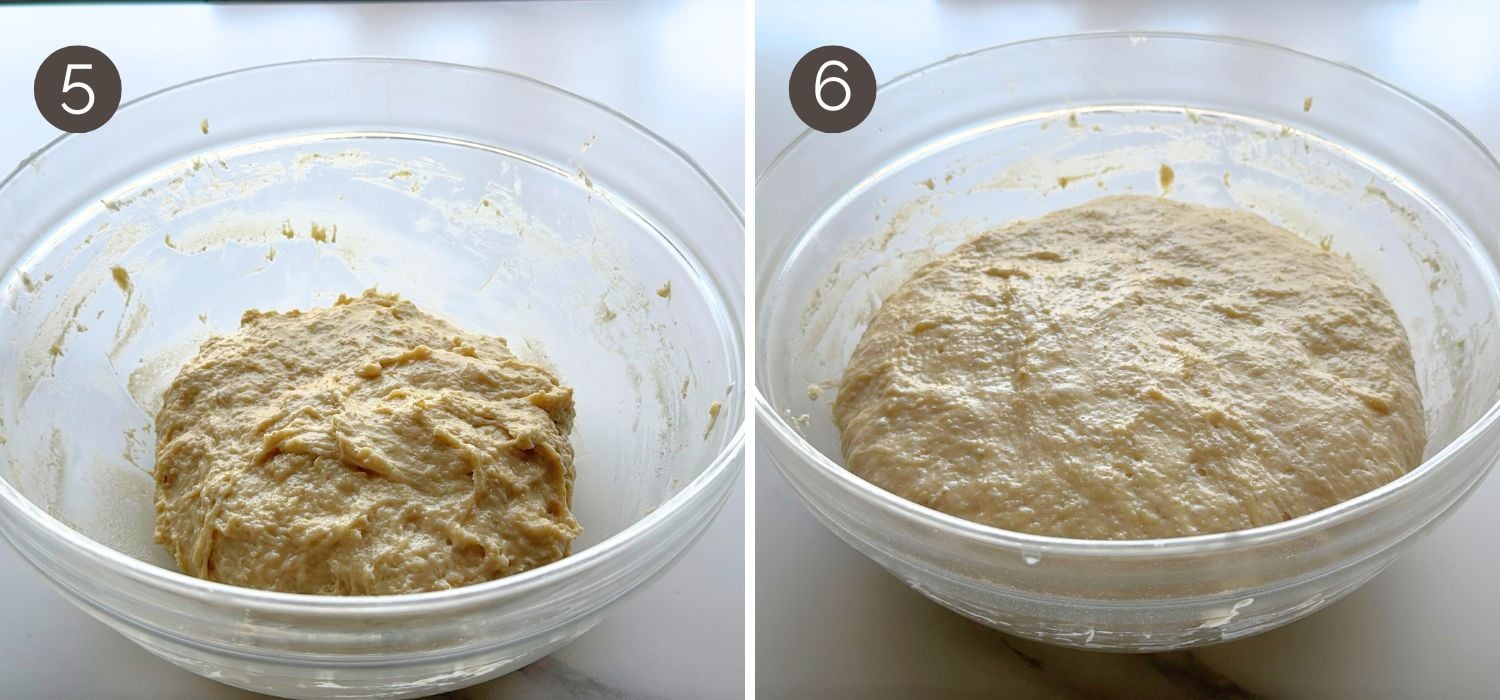 No-knead dinner roll dough before rising and after resting until puffy in the bowl.