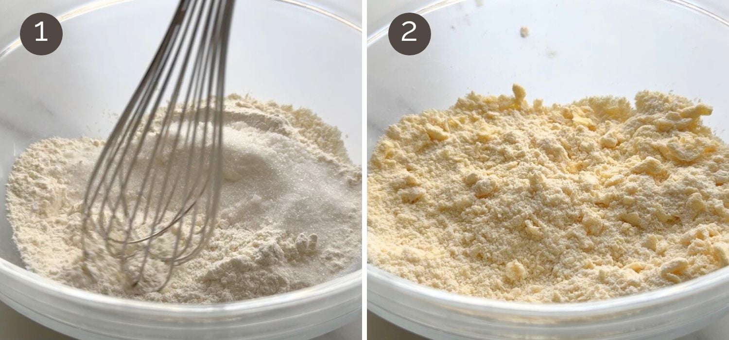 Whisking flour, sugar, and salt together, then rubbing cold butter into the mixture to form crumbly dough for strawberry yogurt crumble bars.