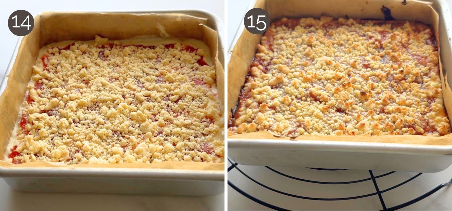 Sprinkling crumb topping over yogurt filling and baked strawberry yogurt crumble bars cooling in the pan.
