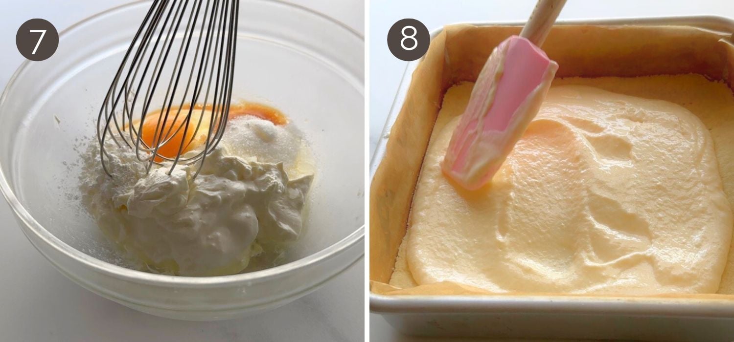 Mixing Greek yogurt filling and spreading it over the baked crust for strawberry yogurt crumble bars.