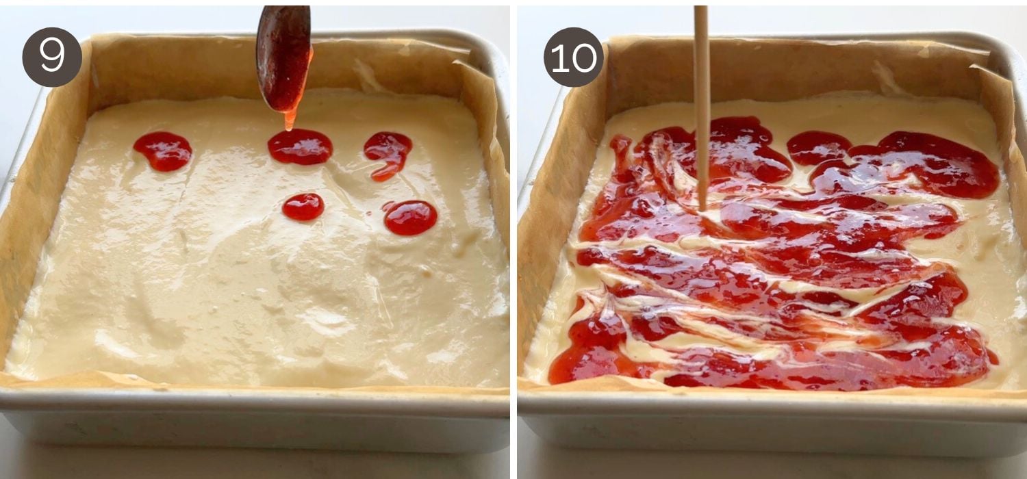 Adding strawberry jam and swirling it through the yogurt layer for strawberry yogurt crumble bars.