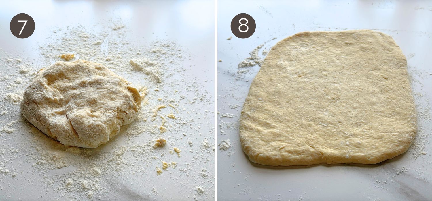 Turning dough onto a floured surface and rolling it into a rectangle for easy no-knead dinner rolls.
