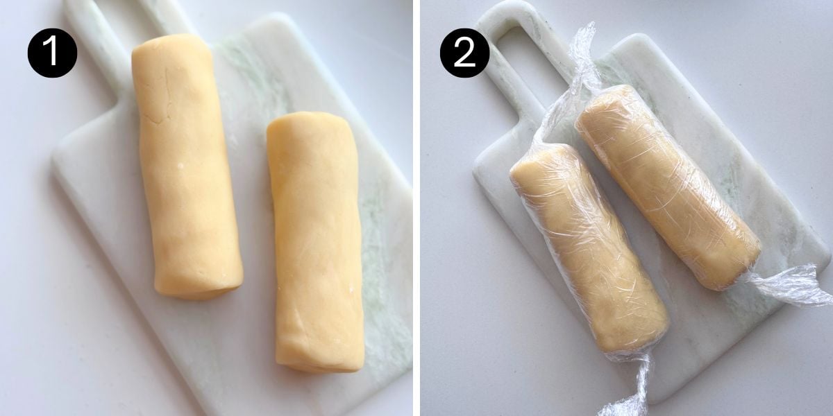 Shaping cookie dough into logs and wrapping tightly in plastic wrap for slice and bake cookies