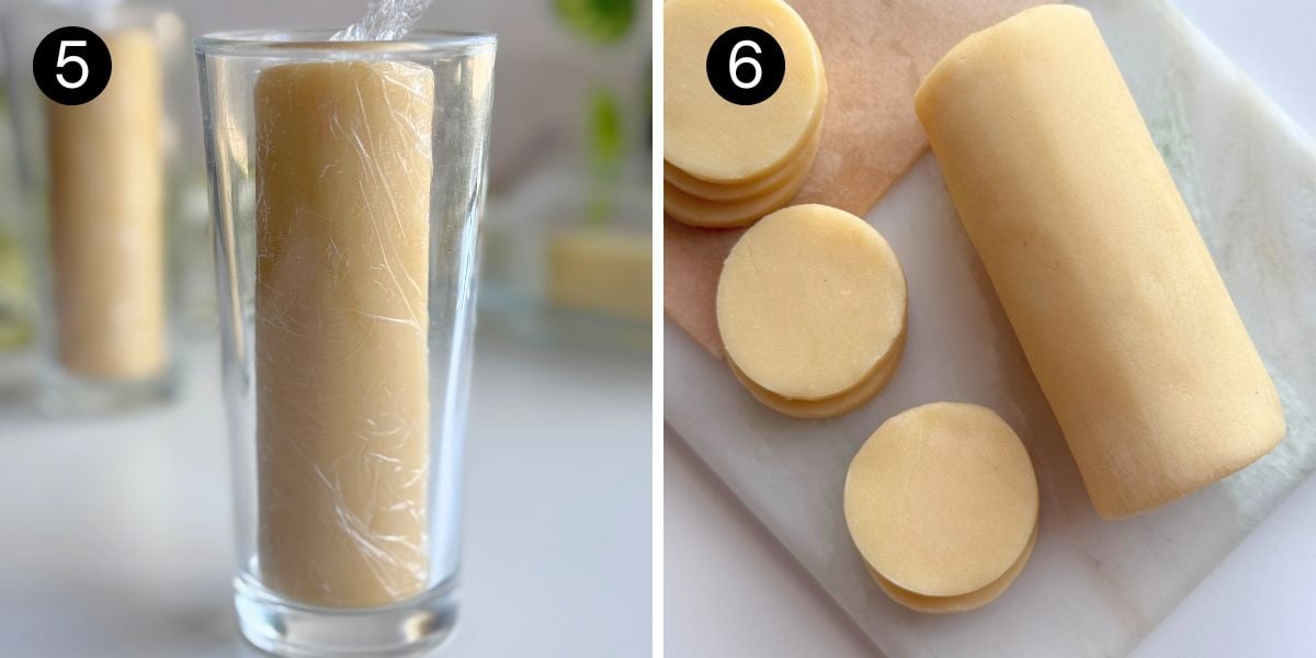 Cookie dough logs standing upright in a glass to keep shape and sliced into even rounds