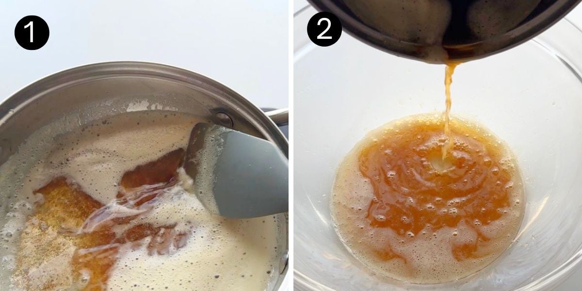 butter melting and browning in saucepan with golden milk solids