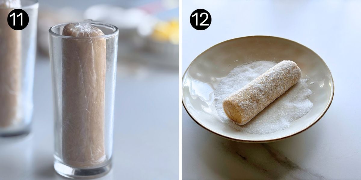 cookie dough logs refined to round shape and coated in sugar