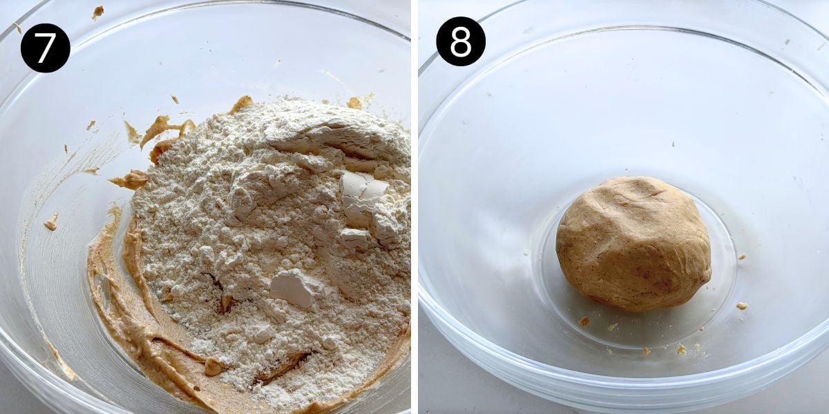 flour added to mixture and soft cookie dough formed in bowl