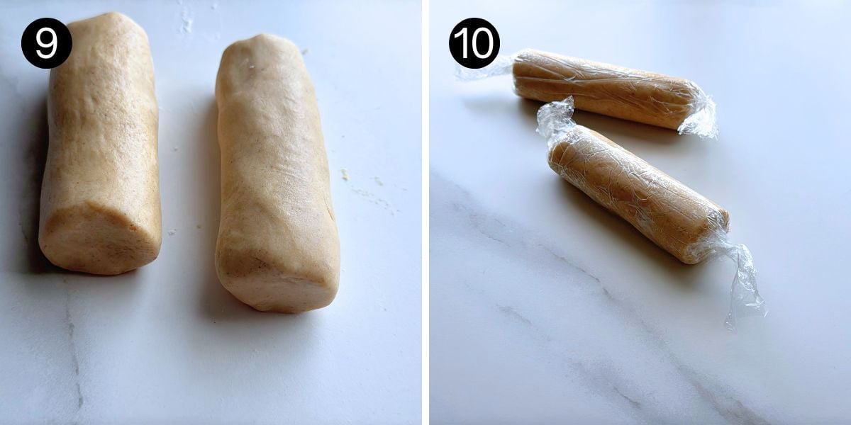 cookie dough shaped into logs and wrapped tightly in plastic wrap