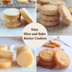 Collage of easy slice-and-bake butter cookies featuring sugar-coated butter cookies, iced sandwich cookies, marzipan butter cookies, and chilled cookie dough logs ready for slicing and baking.
