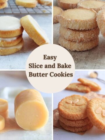 Collage of easy slice-and-bake butter cookies featuring sugar-coated butter cookies, iced sandwich cookies, marzipan butter cookies, and chilled cookie dough logs ready for slicing and baking.