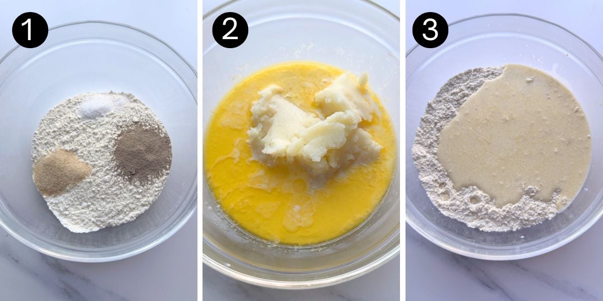 Quick No Knead Garlic Butter Potato Rolls steps 1, 2 and 3