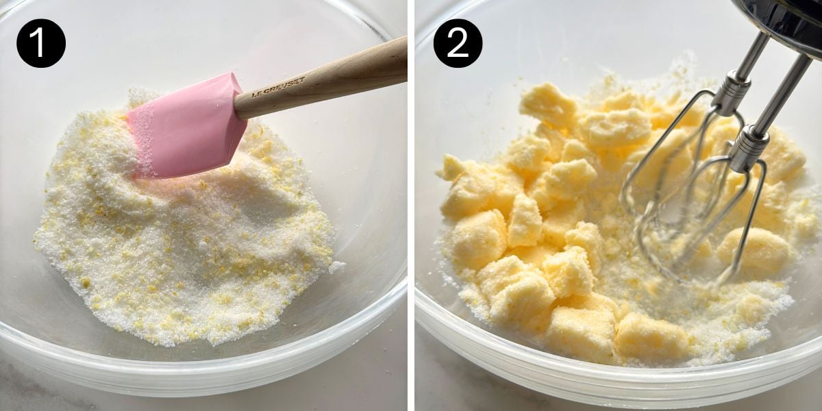 Lemon zest rubbed into sugar and cold butter added for lemon poppy seed butter cookies