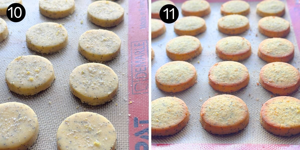 Unbaked and baked lemon poppy seed butter cookies showing how the cookies keep their shape without spreading
