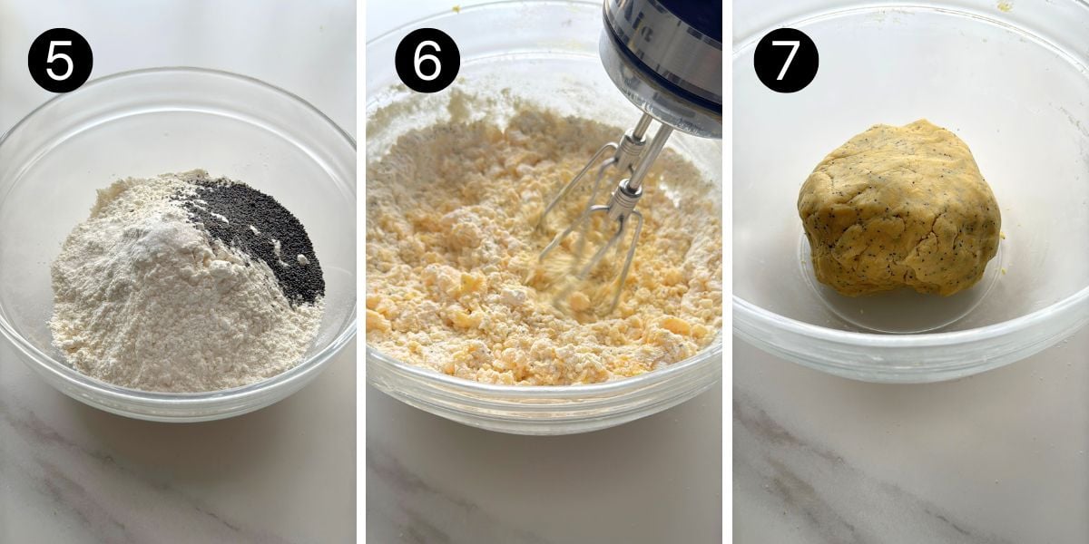 Adding flour, poppy seeds, and salt to make lemon poppy seed butter cookie dough