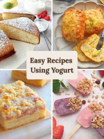 Easy recipes using yogurt collage featuring French yogurt cake, yogurt cheese scones, strawberry yogurt crumble bars, and fruit and yogurt popsicles with granola.