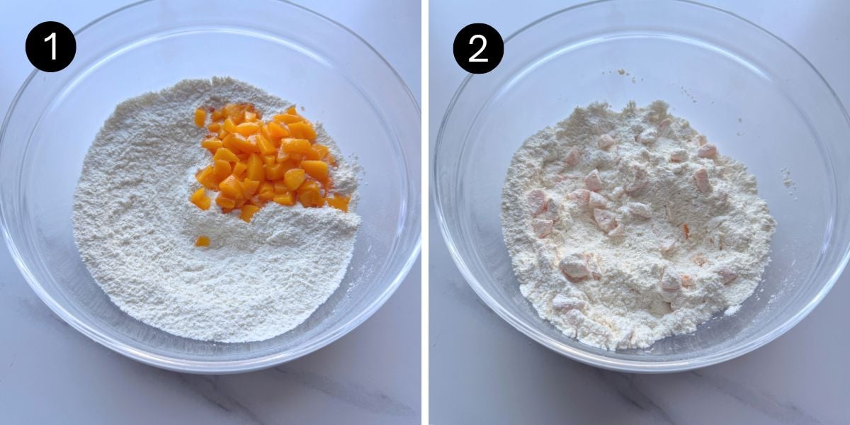 Mixing dry ingredients and diced peaches for Peach muffins