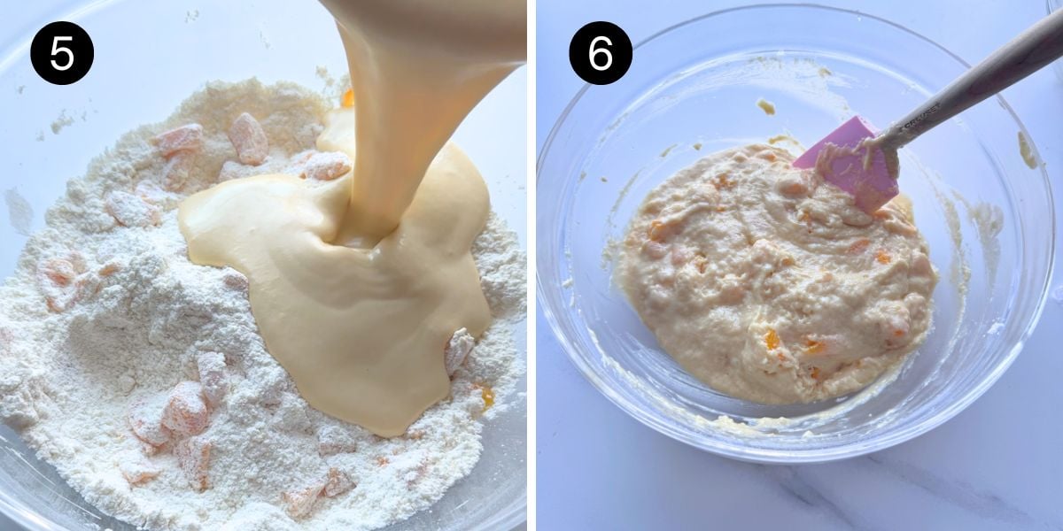 Pouring sour cream mixture into dry ingredients and mixing until combined