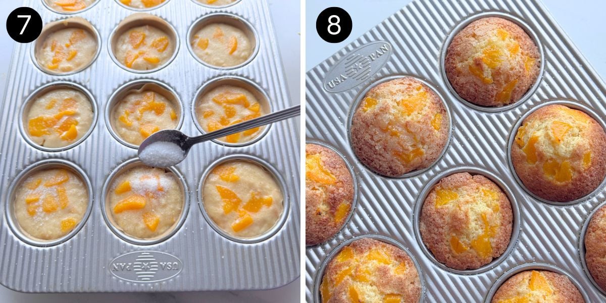 Filling muffin cups with peach batter, topping with sugar and baking