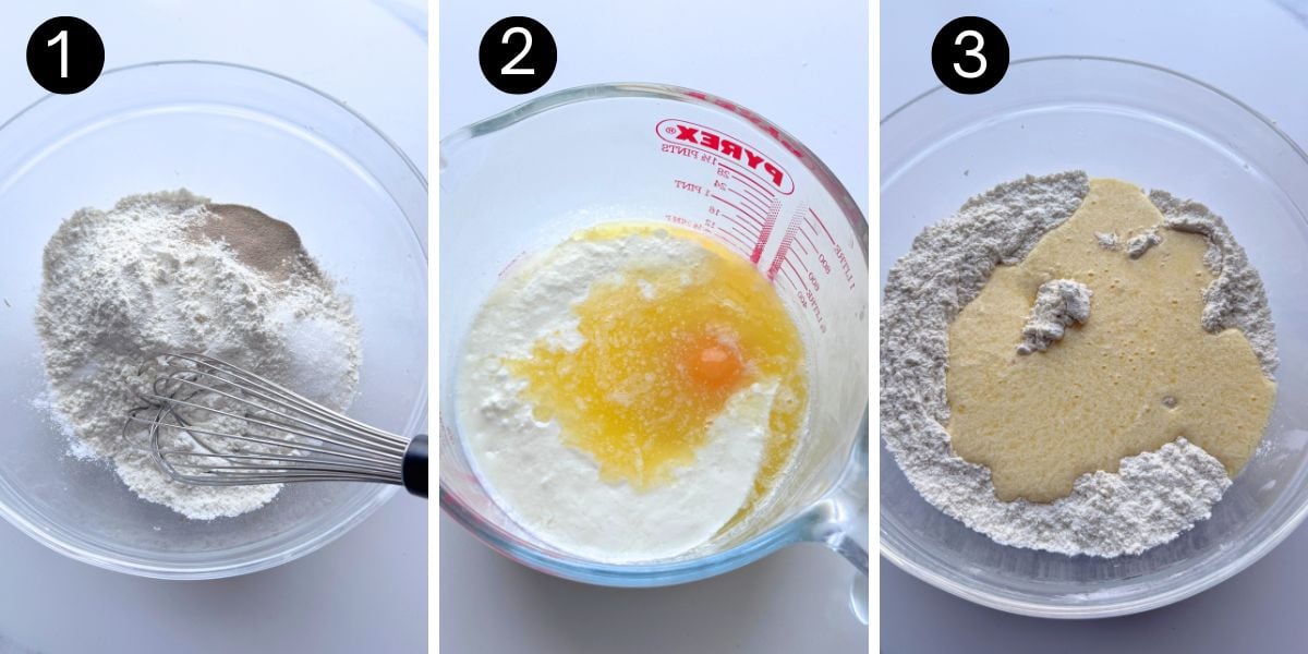 Steps 1, 2, and 3 for making no-knead buttermilk pull-apart rolls: mixing the dry ingredients, whisking the buttermilk mixture, and adding the wet ingredients to the flour mixture.