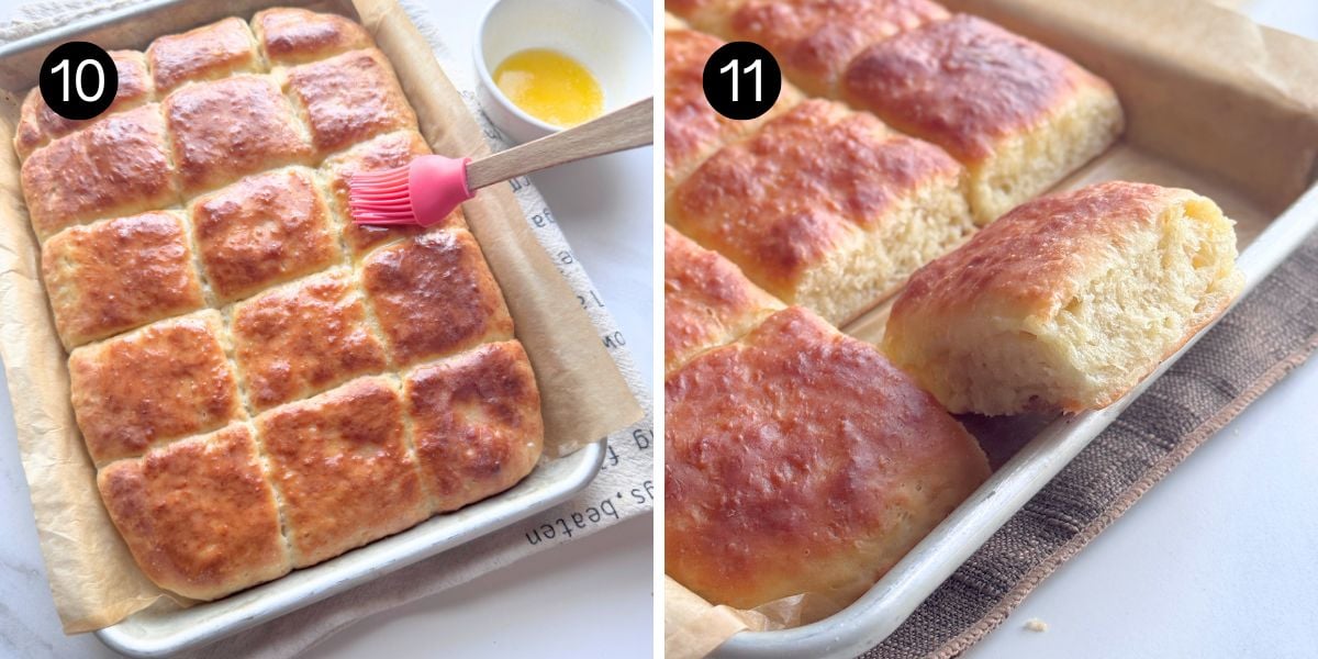 Steps 10 and 11 for making no-knead buttermilk pull-apart rolls: brushing the warm baked rolls with melted butter and showing a soft roll pulled apart.