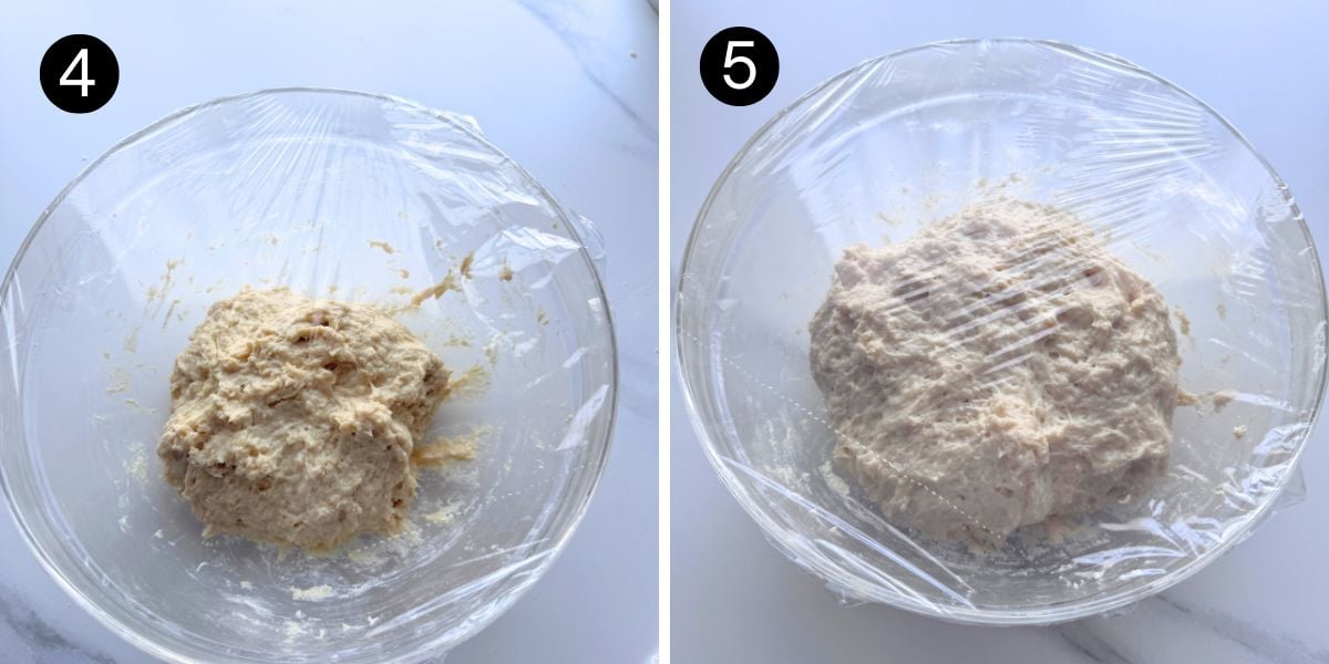 Steps 4 and 5 for making no-knead buttermilk pull-apart rolls: the sticky dough after mixing and the dough after rising until doubled.  