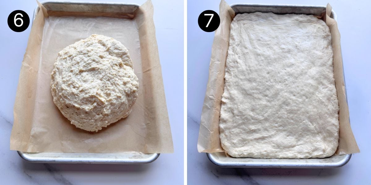Steps 6 and 7 for making no-knead buttermilk pull-apart rolls: the risen dough placed in the lined pan and pressed out evenly before cutting.