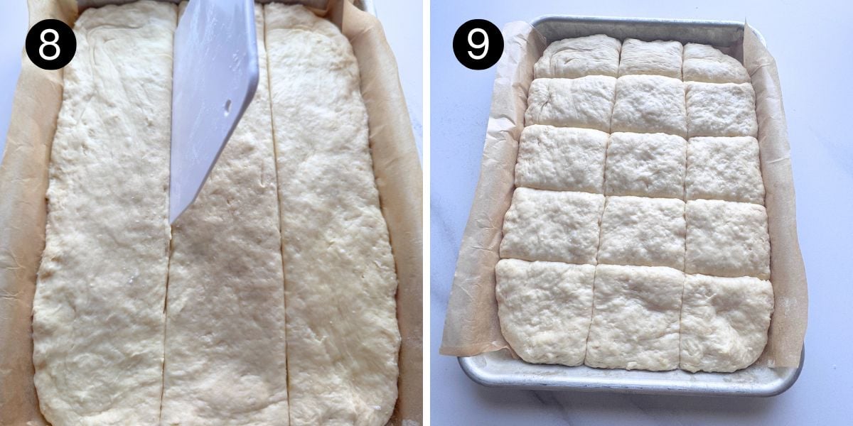 Steps 8 and 9 for making no-knead buttermilk pull-apart rolls: cutting the dough into strips with a bench scraper and cutting into 15 squares.  