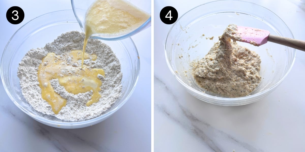 Pouring milk mixture into flour mixture and combining for a soft sticky dough